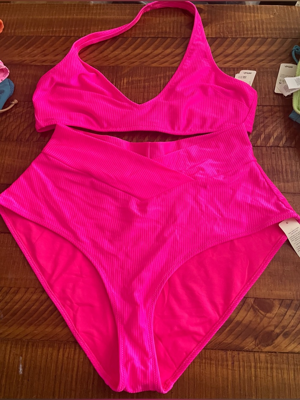 NWT Aerie FULL SET Shine Rib Halter + High Waist Crossover Bottom Miami Pink XL